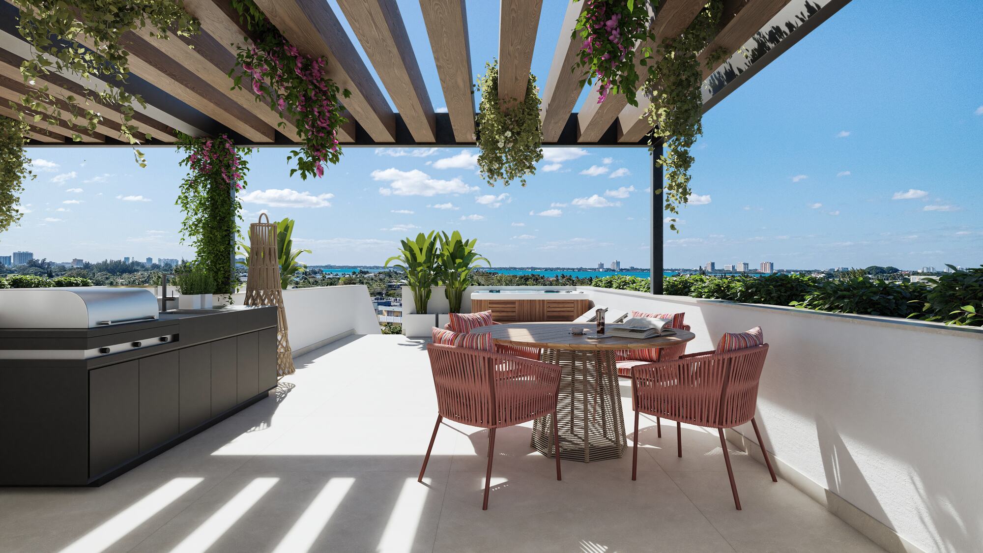 Rooftop privado con pérgola y cocina exterior